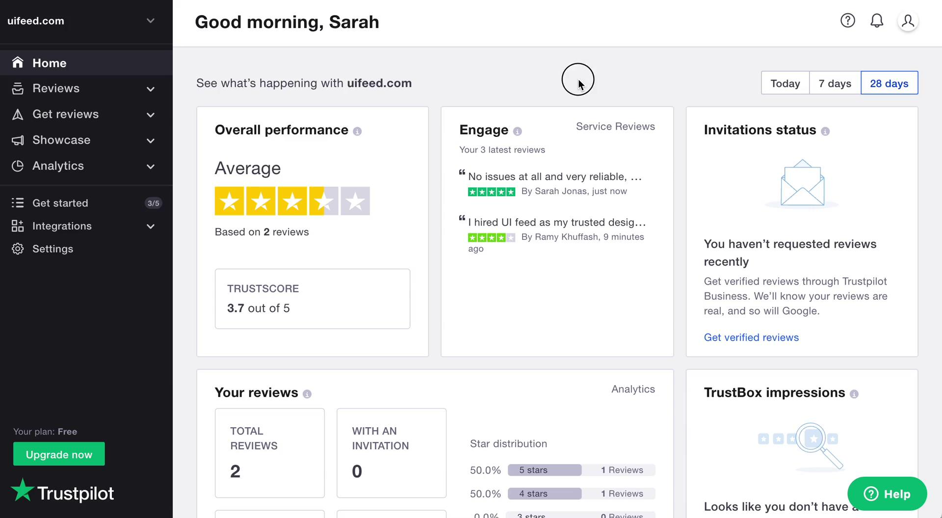 Trustpilot dashboard showing improved ratings
